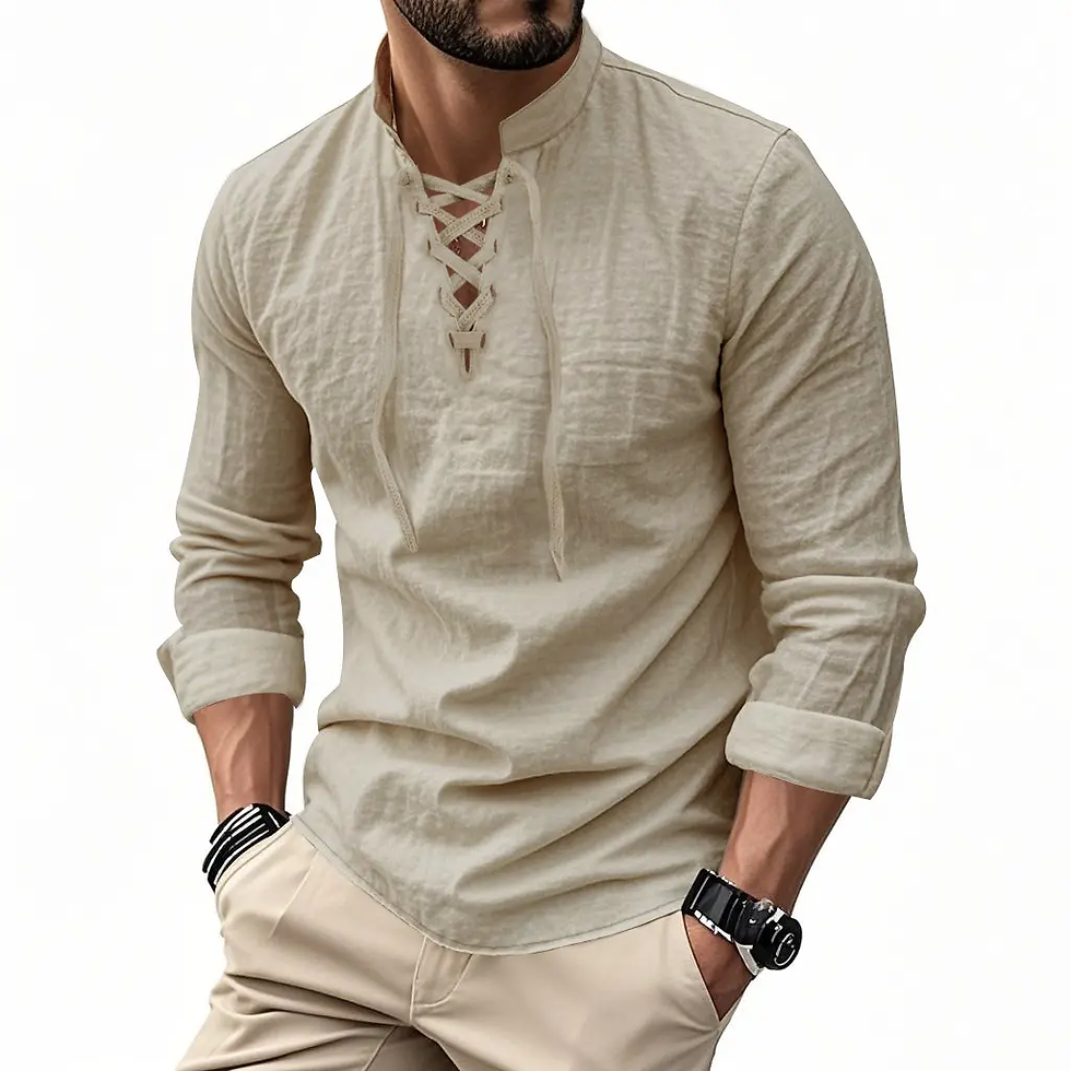 Thumbnail: Men'S Lightweight Breathable Linen Shirt, Drawstring Collar, Unique Casual Plain