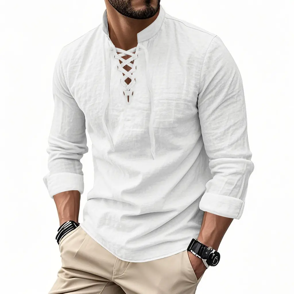 Men'S Lightweight Breathable Linen Shirt, Drawstring Collar, Unique Casual Plain