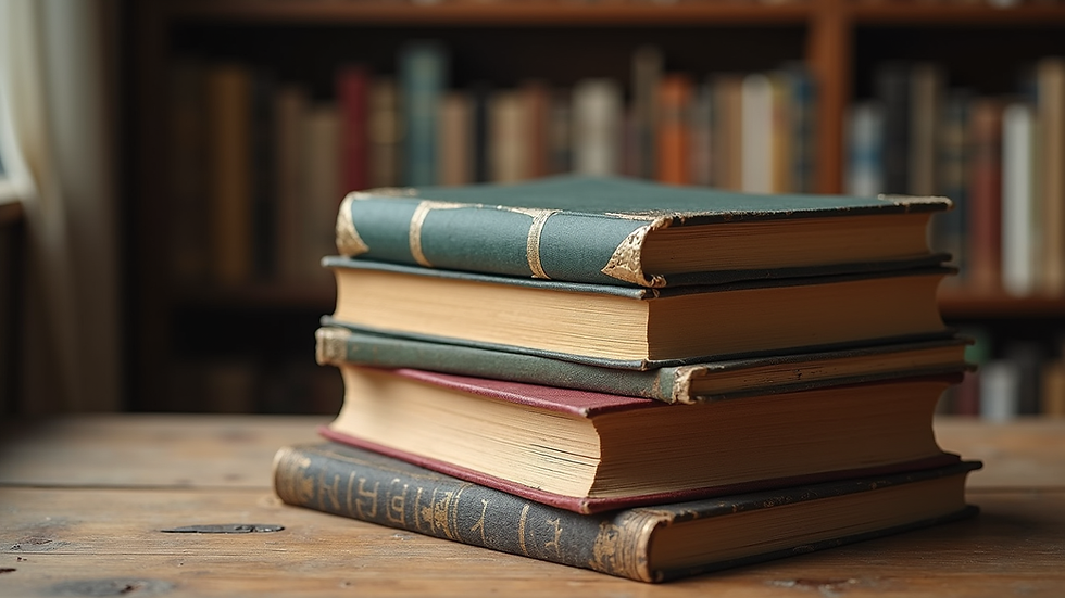 Eye-level view of a fantasy book stack on a wooden table