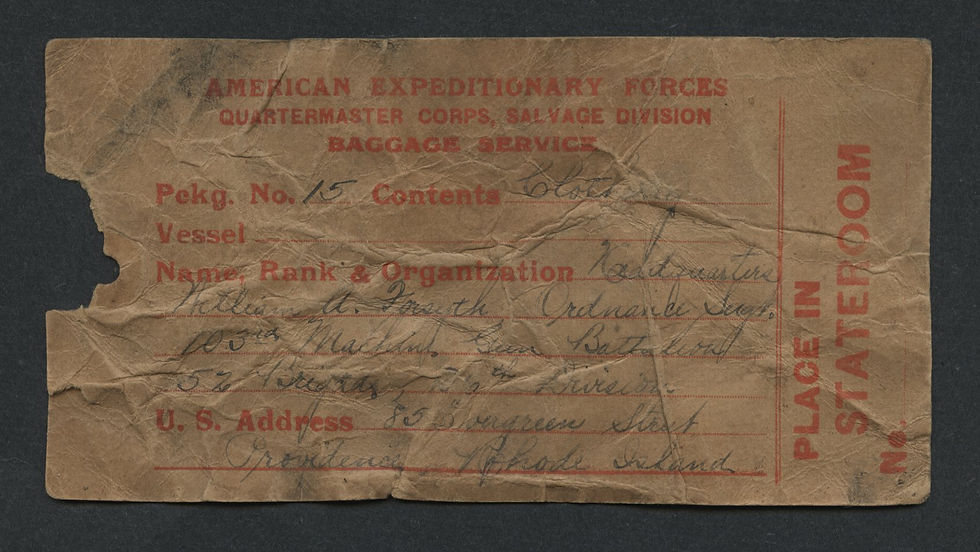 0339----WWI William Forsyth Providence baggage tag -- 103rd MG Btn