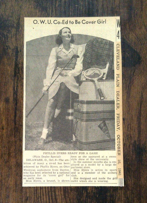 0737----1941 Phyllis Hyers clipping Ohio Wesleyan golfer cover girl from Dayton