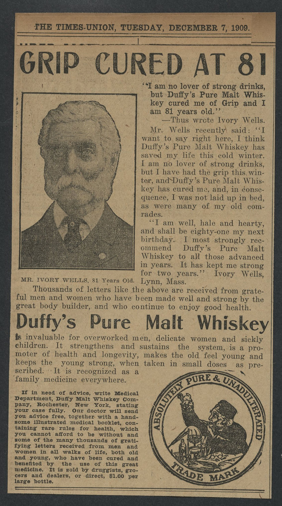 0864----1909 Ivory Wells - Lynn/Chelsea MA Duffy's Whiskey ad - 35th MA Regiment