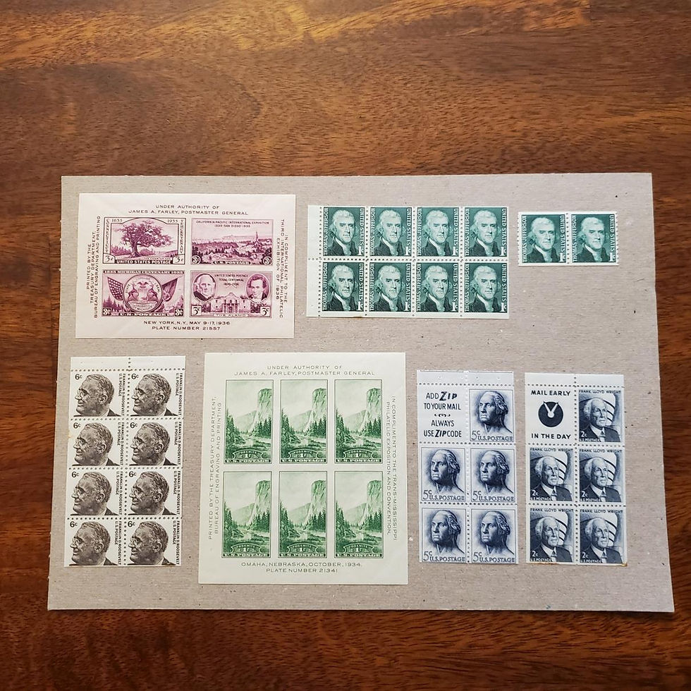 7046----Small stamp collection with 1c Jefferson block of 8