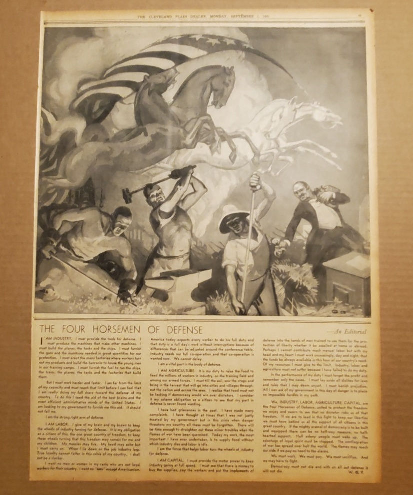 6023----1941 WWII Cleveland Four Horsemen full page patriotic defense editorial