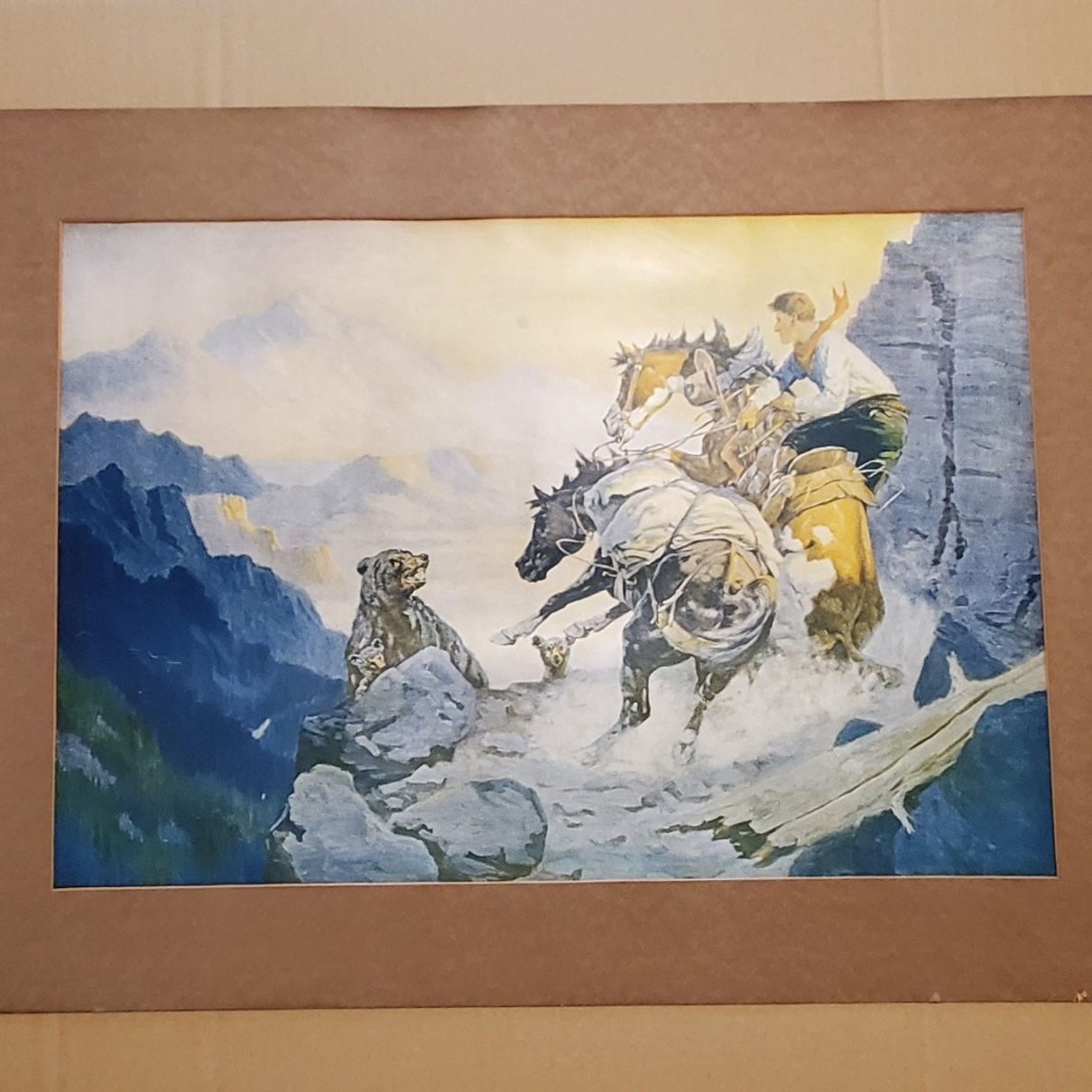 7261----Robert Farrington Elwell original antique print - Cowboy + Grizzly