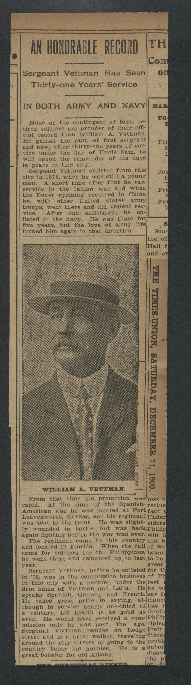 0894----1909 William Vettman of Albany NY -- war service clipping