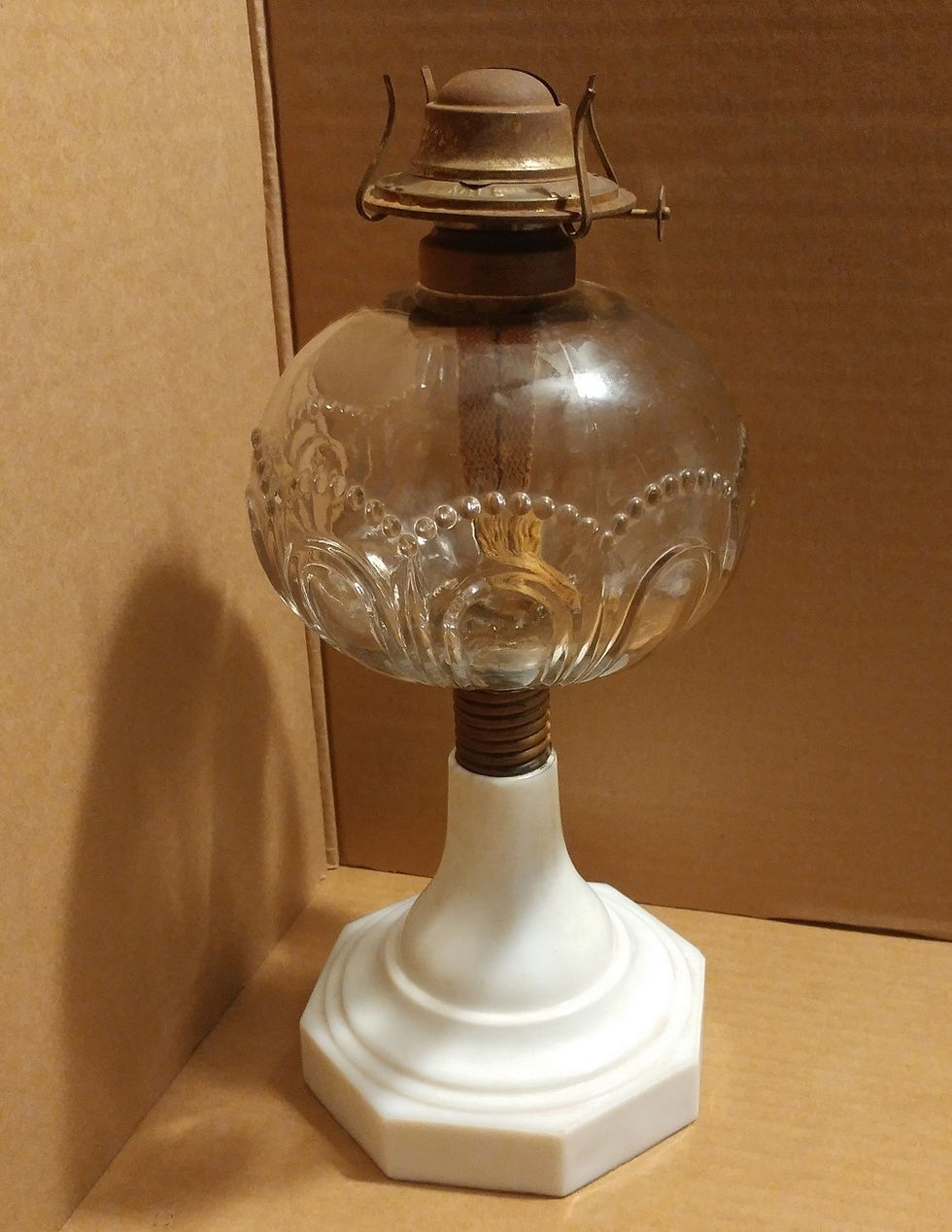 1314----c.1860s Atterbury oil lamp all original with octagonal base