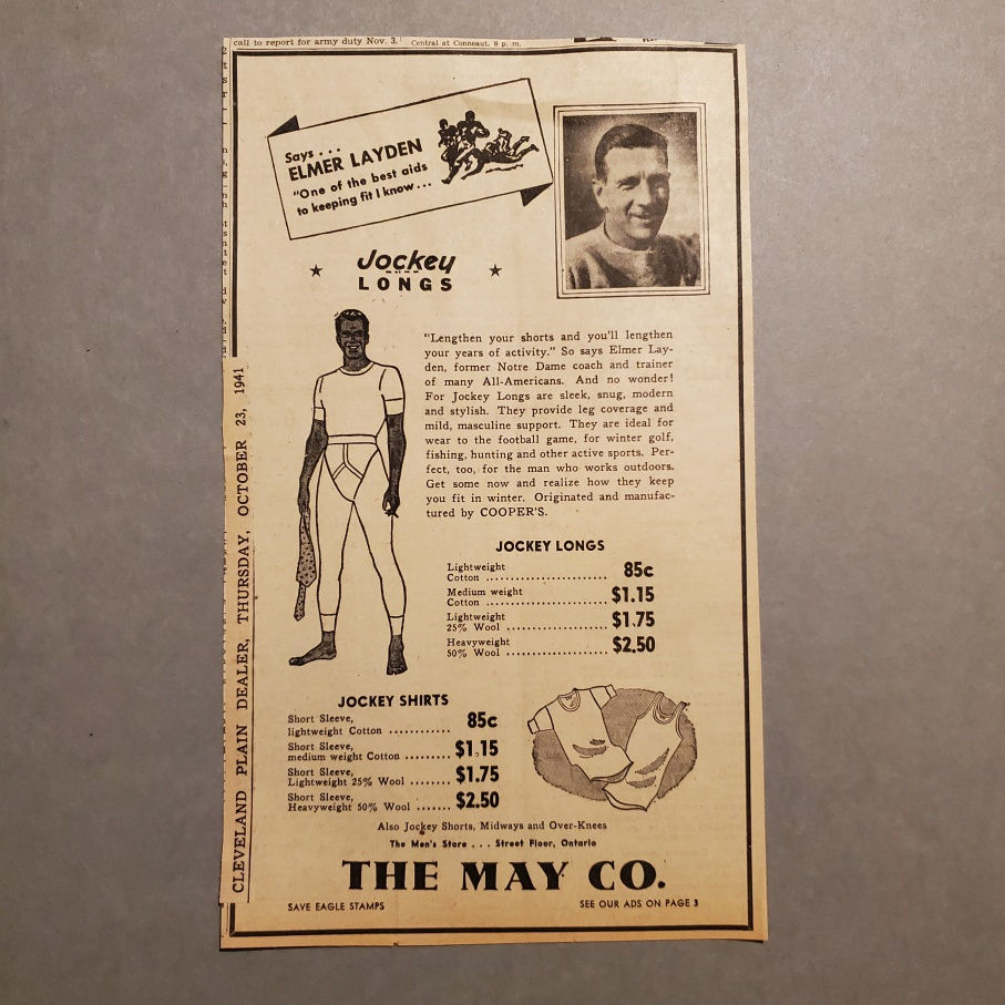 0726----1941 Elmer Layden ad Notre Dame coach - May Co. Jockey Longs underwear