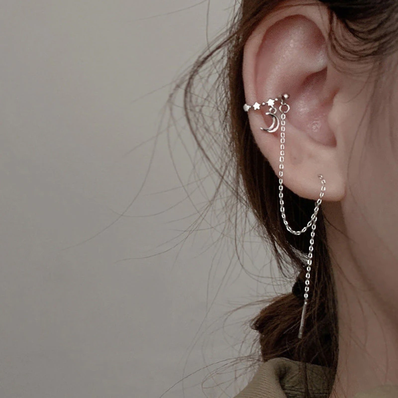Thumbnail: Simple Moon Star Rhinestone Long Chain Earrings For Women Shine Sun Crescent Ge
