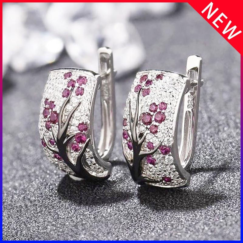 Natural Gemstones Full of Diamond Plum Blossom Branch Geometric Earrings