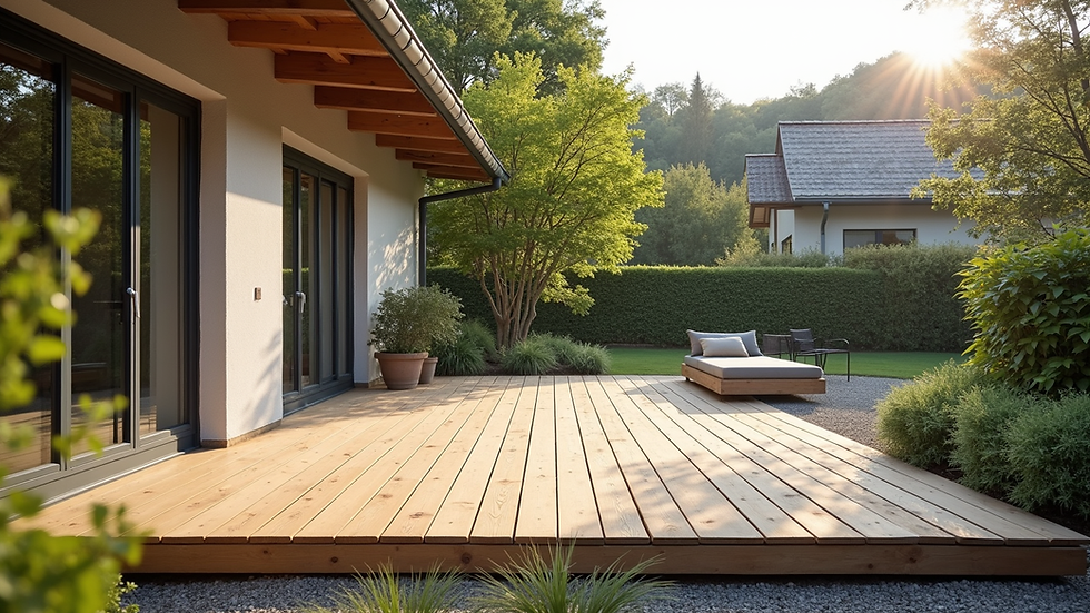 Nahaufnahme einer neu gebauten Terrasse mit Holz und Naturstein in Kamp-Lintfort