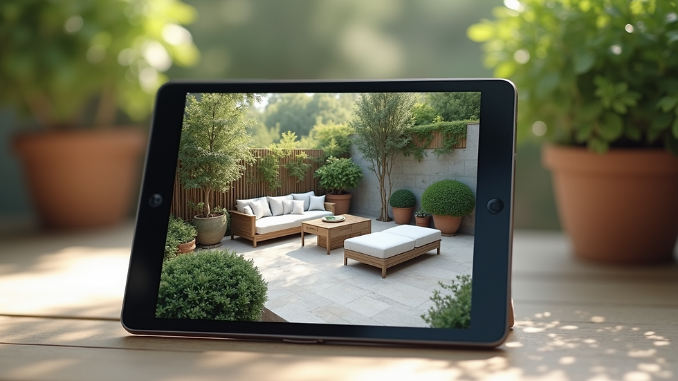 Close-up view of a tablet displaying a terrace layout with plants and furniture