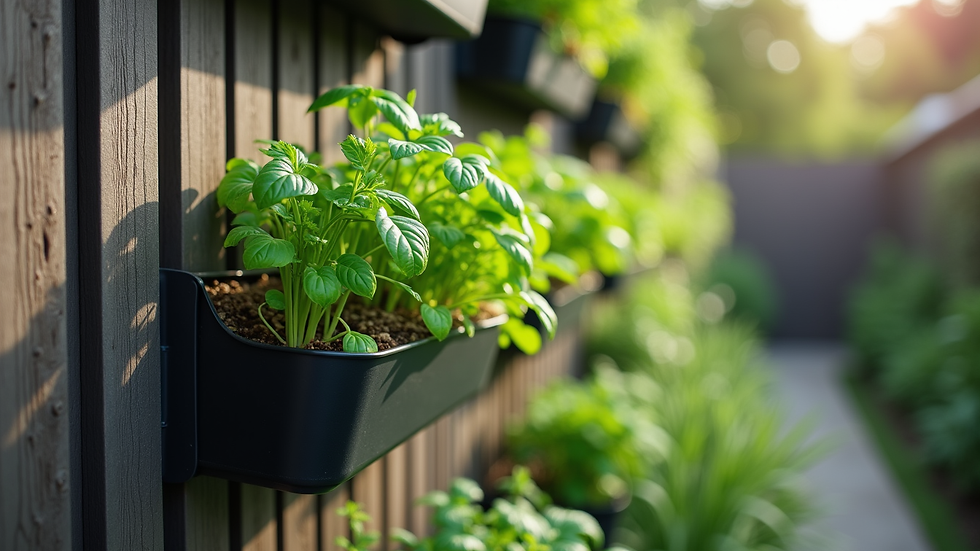Close-up of vertical garden with herbs on modern garden fence