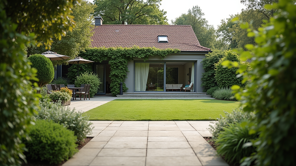 Weitwinkelaufnahme eines gepflegten Gartens mit Zaun und Terrasse in Kamp-Lintfort