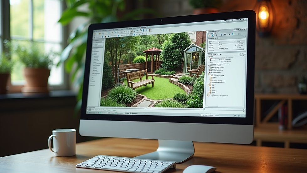 eye-level view of a computer screen showing a garden design software