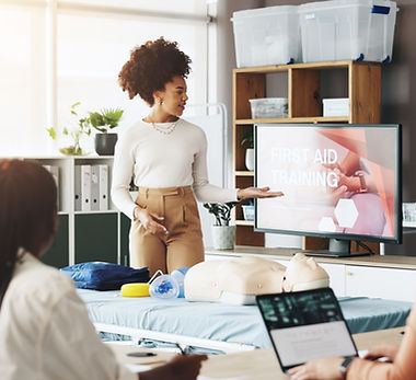 Woman, paramedic or presentation with screen for first aid training, emergency service or 