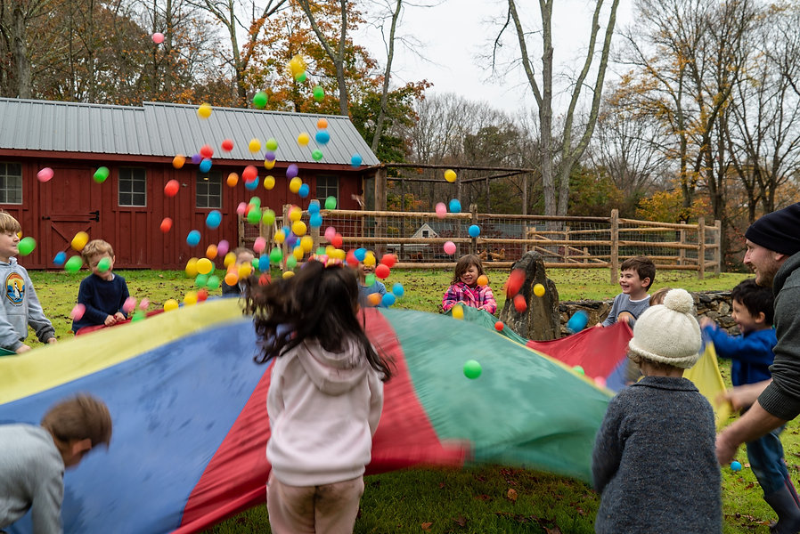 children playing with parachute and balls