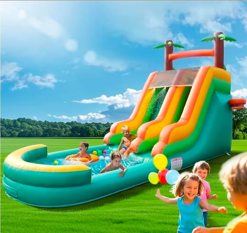 Kids playing on a tropical-themed inflatable water slide with a dual-lane slide and a large splash pool in a sunny backyard.