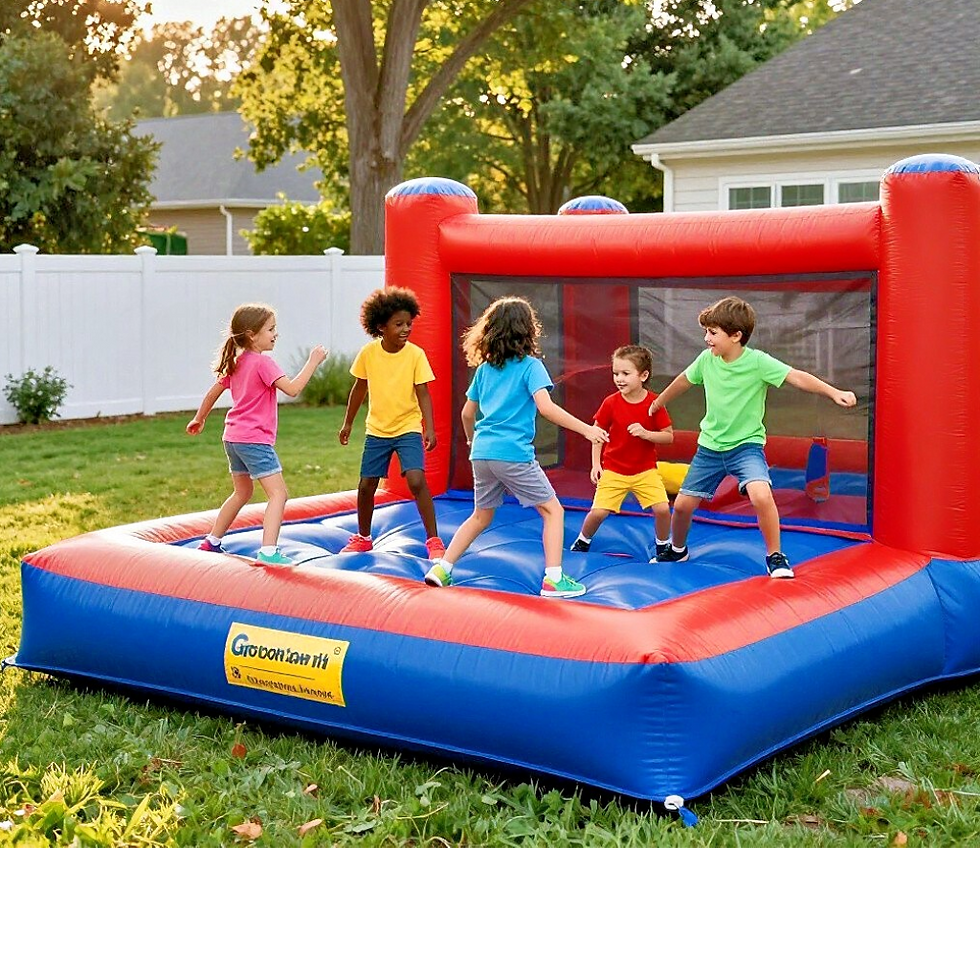 Colorful rainbow-themed inflatable bouncy castle with entrance ramp and safety mesh for family events.