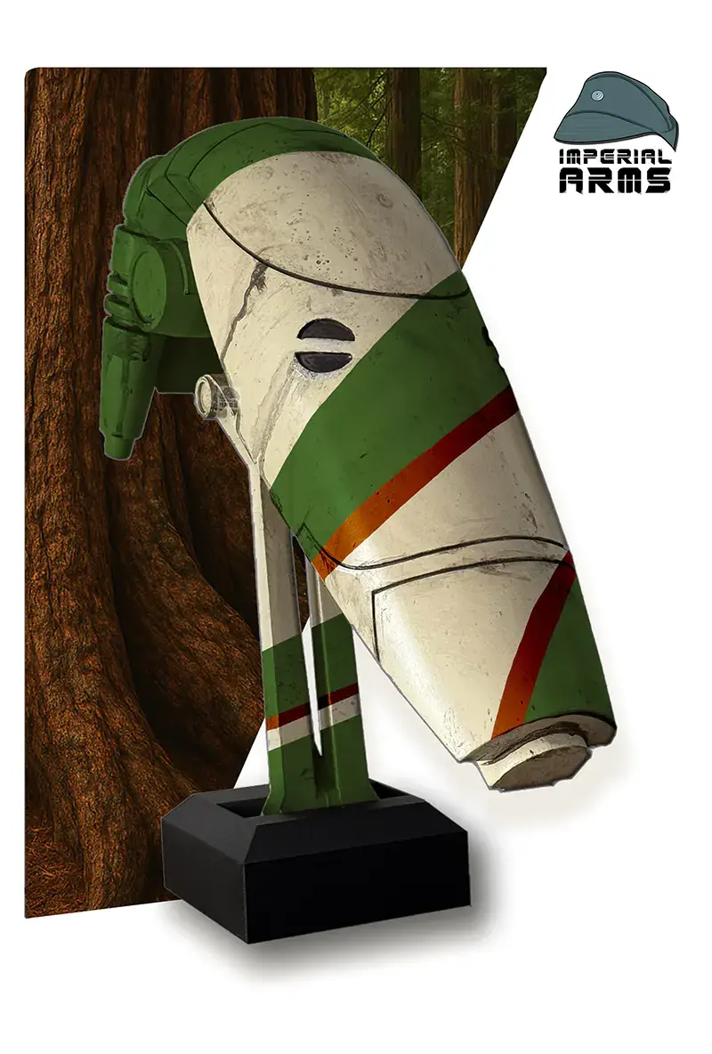 Front view of life-size 1:1 B1 Battle Droid head replica with weathered Kashyyyk camo finish and painted battle damage detail
