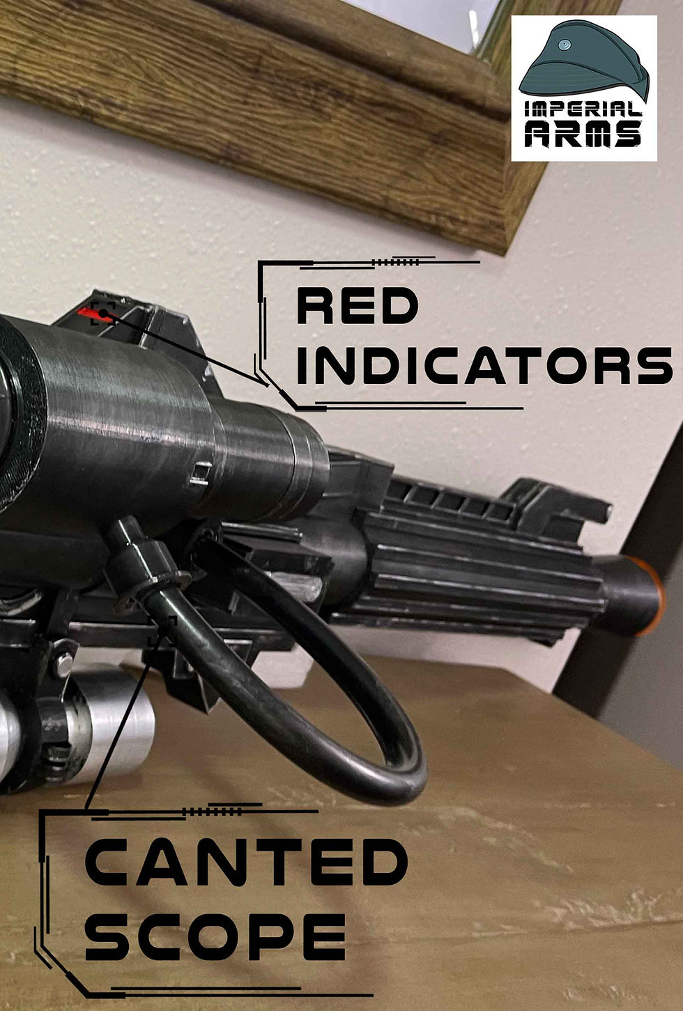 Thumbnail: Zoomed view of red indicator lights and wiring details on the side of the rifle
