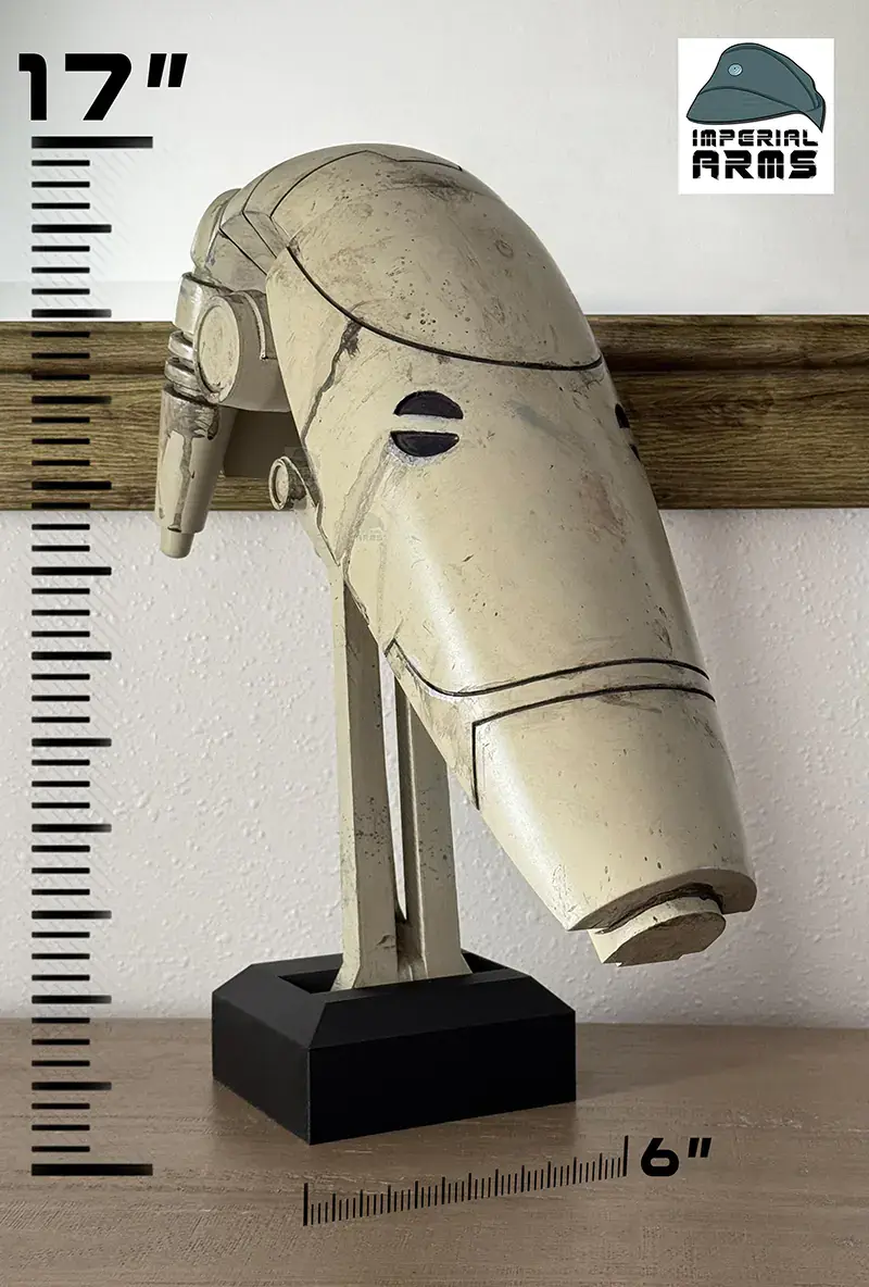 Thumbnail: Life-size B1 Battle Droid head replica on stand next to ruler for scale, showing true 1:1 dimensions