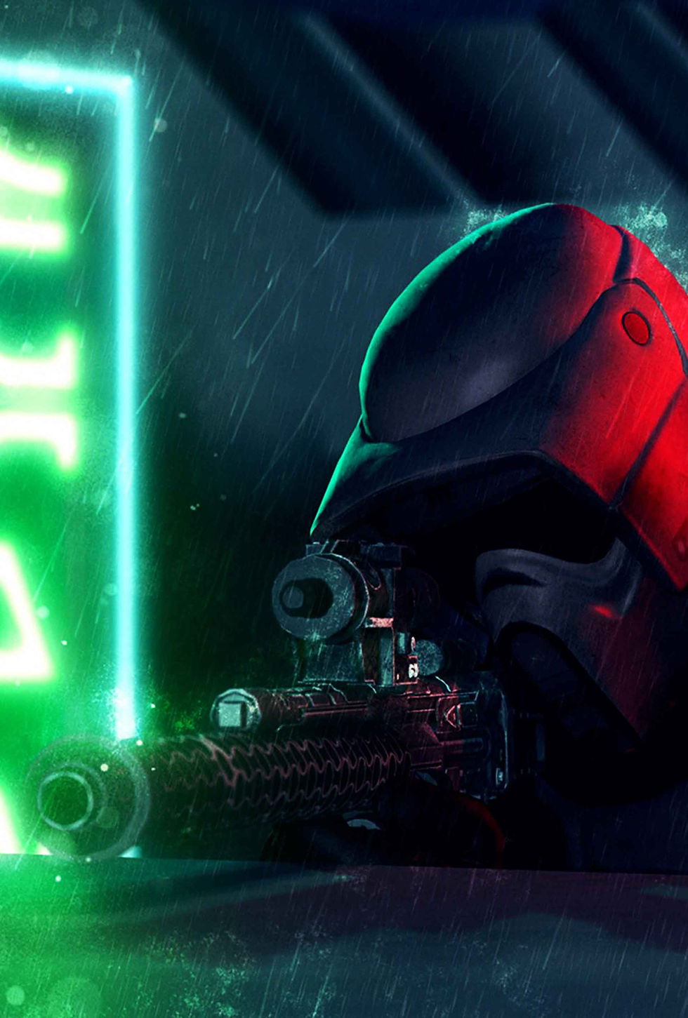Atmospheric promotional shot of a trooper wielding the DLT-20A rifle under green lighting for dramatic effect.