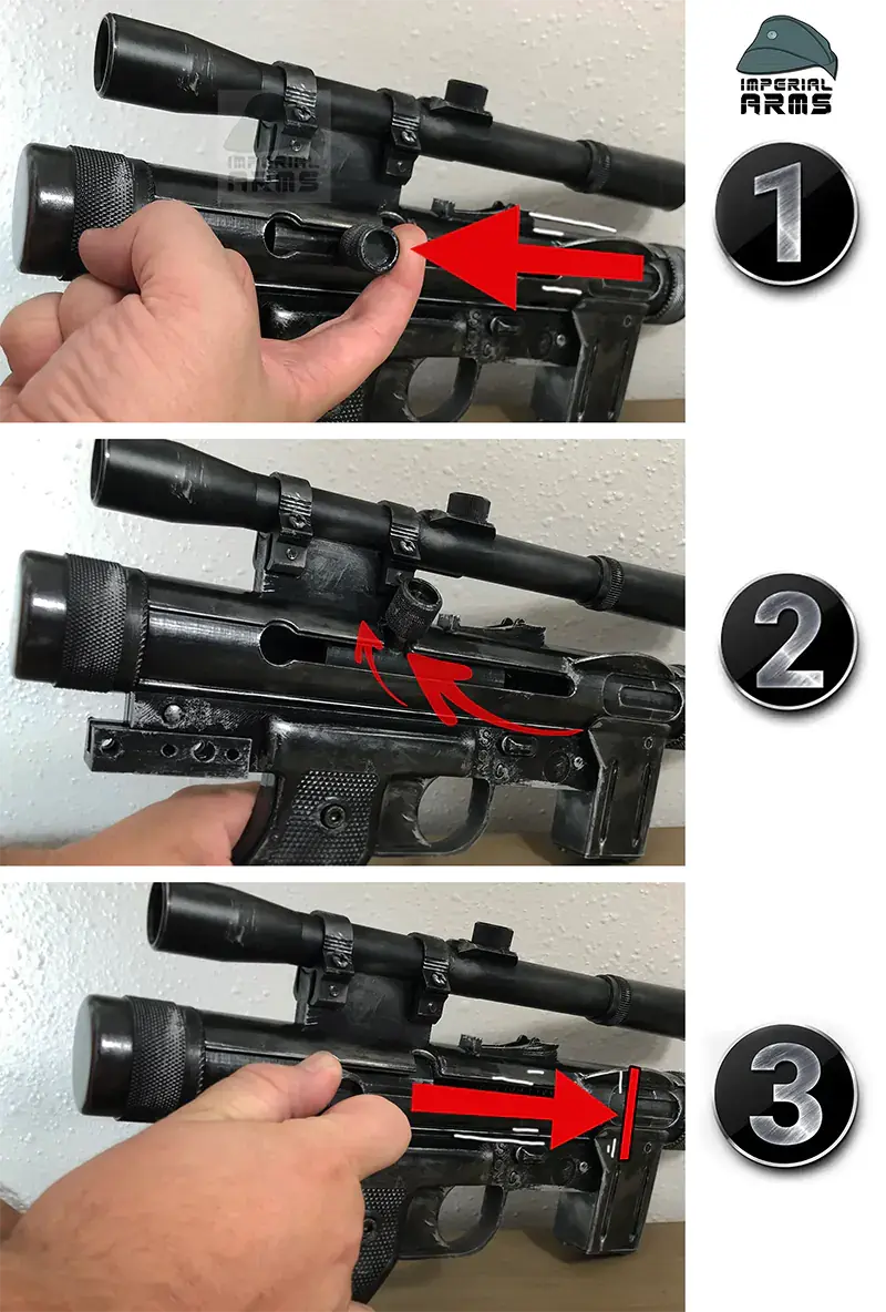 Thumbnail: Demonstration of SE-14r cokcing mechanism spring loaded sliding Rogue One-style blaster pistol