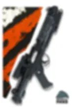 Main picture of E-11 R1 Rogue One blaster showing a full side profile with black white and orange art