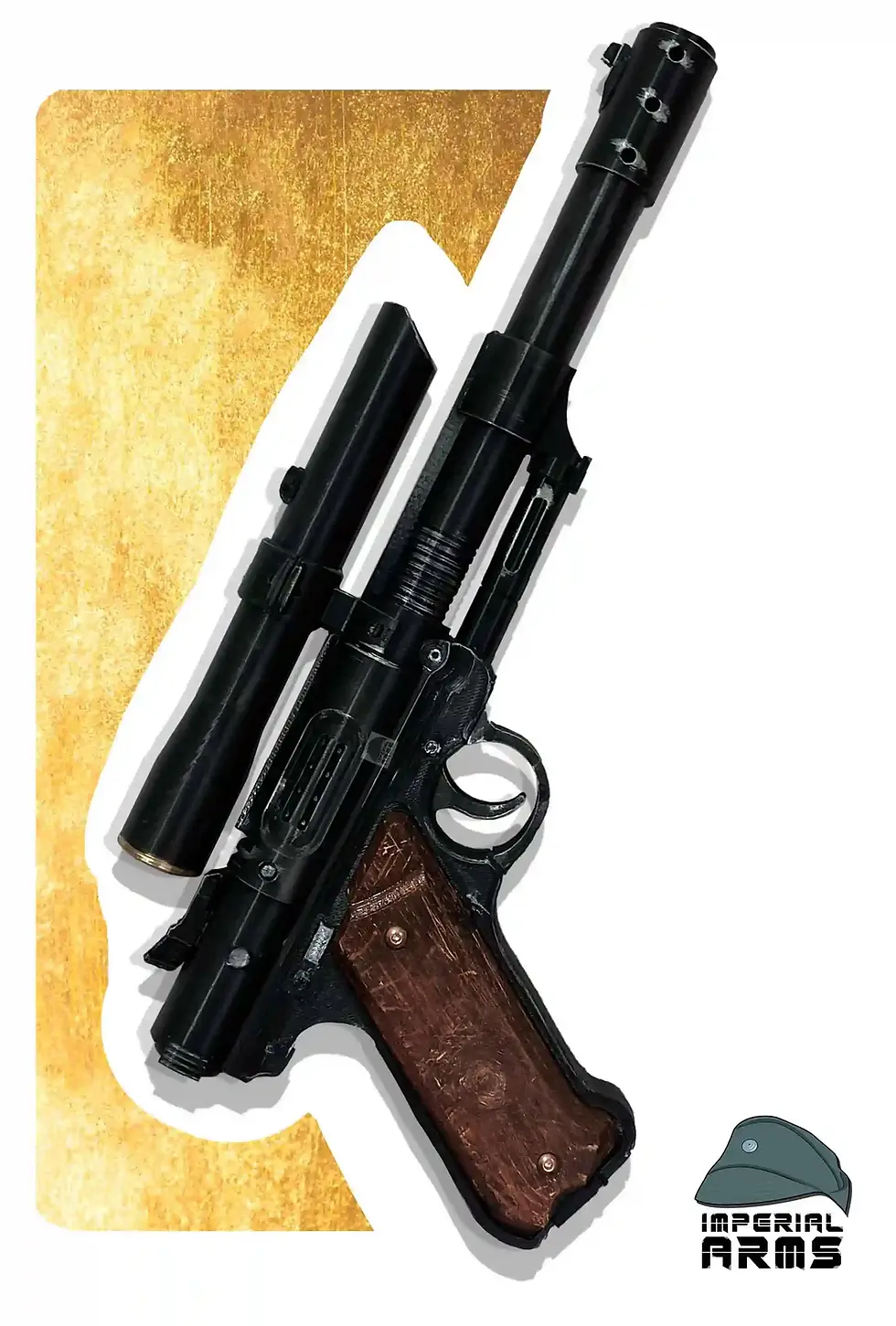 RA-4C Star Wars Old Republic blaster replica with brown grip and long side scope, presented on a stylized gold background