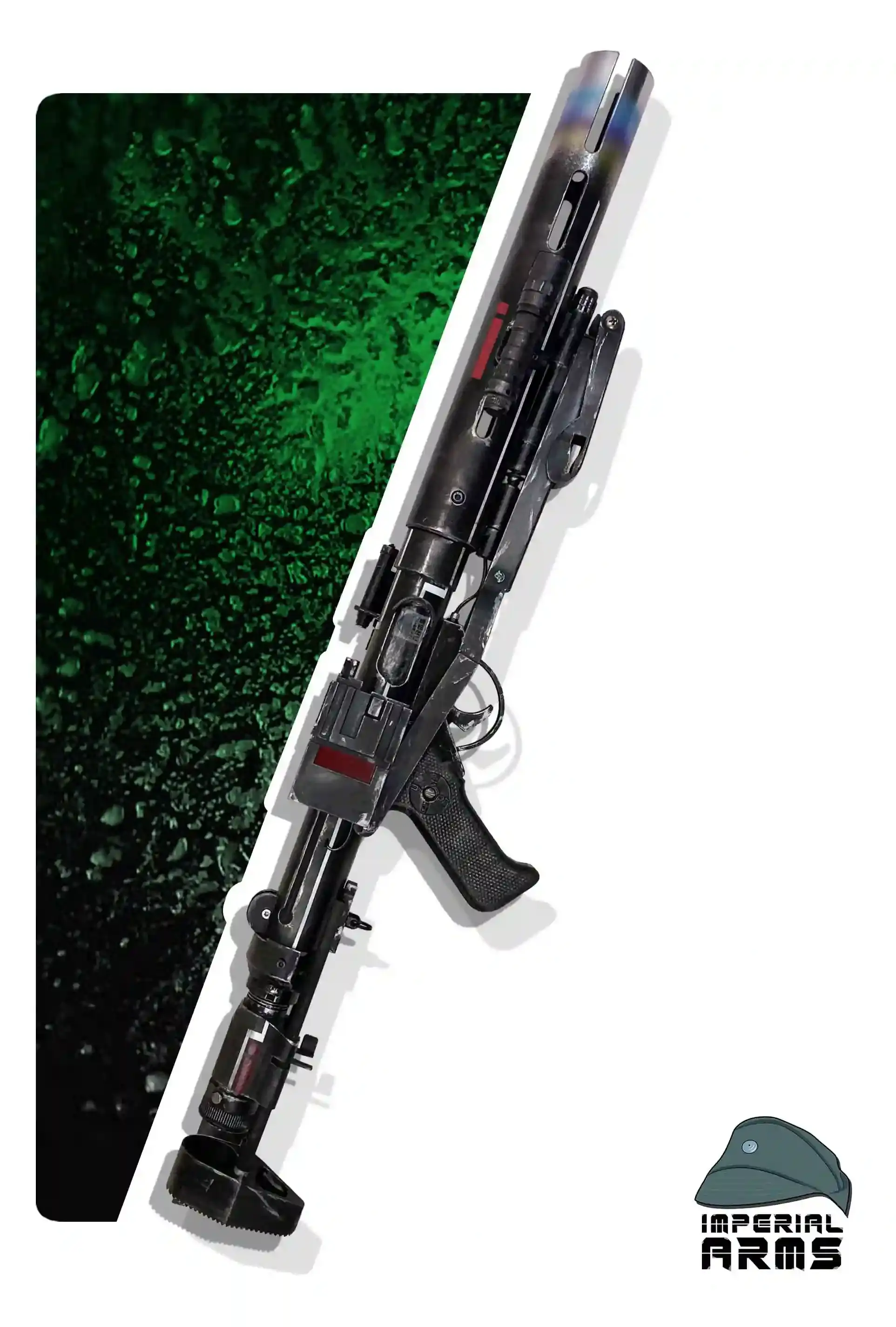Angled view of E-11D Death Trooper blaster rifle stirling replica against a green-textured background