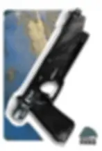 Thumbnail: Angled view of Westar-35 Bo-Katan replica rifle prop with blue backdrop and Mythosaur emblem