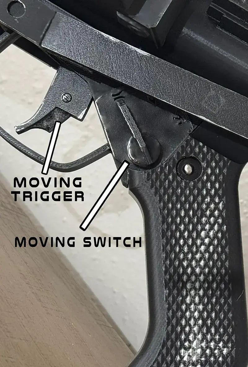Thumbnail: Moving trigger and switch detail on ROTJ E-11 blaster replica, 1 : 1 scale, 501st-Friendly, Bapty & Co inspired