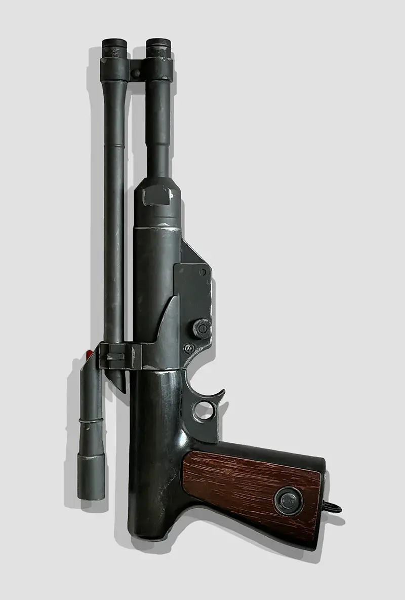 Thumbnail: Vertical view of EE-3 Carbine 1:1 scale replica showing stock-to-barrel connection, Bapty & Co design, 501st approved.
