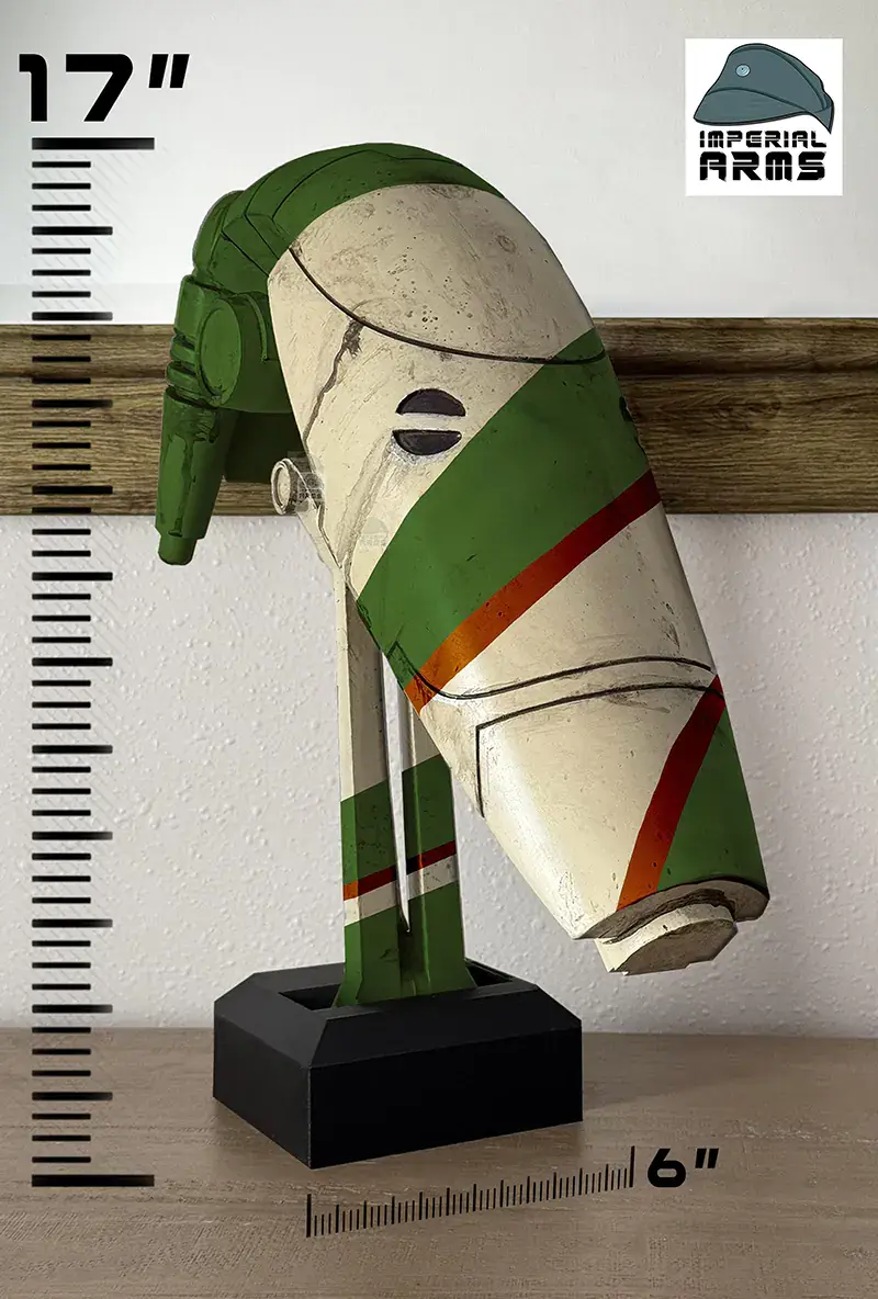 Thumbnail: Life-size B1 Battle Droid head replica on stand next to ruler for scale, showing true 1:1 dimensions