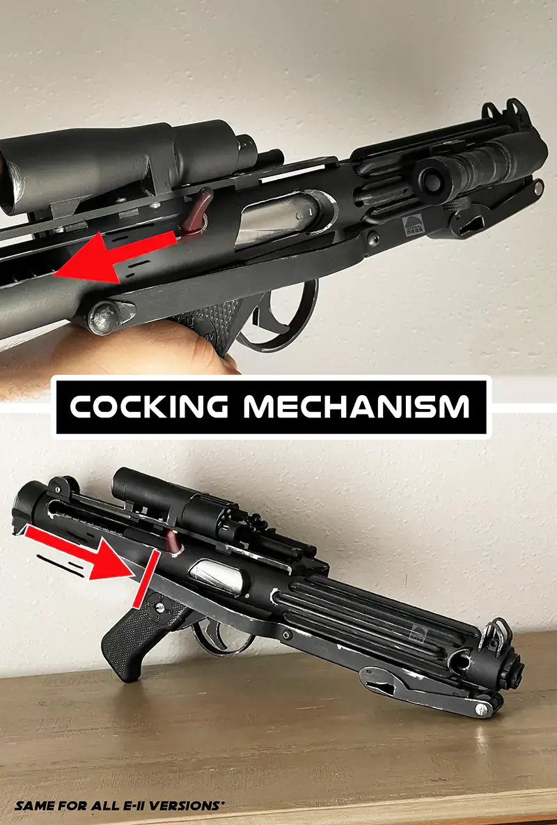 Thumbnail: E-11 Stormtrooper blaster 1:1 scale replica cocking mechanism close-up, red arrow highlight, Bapty & Co, 501st.