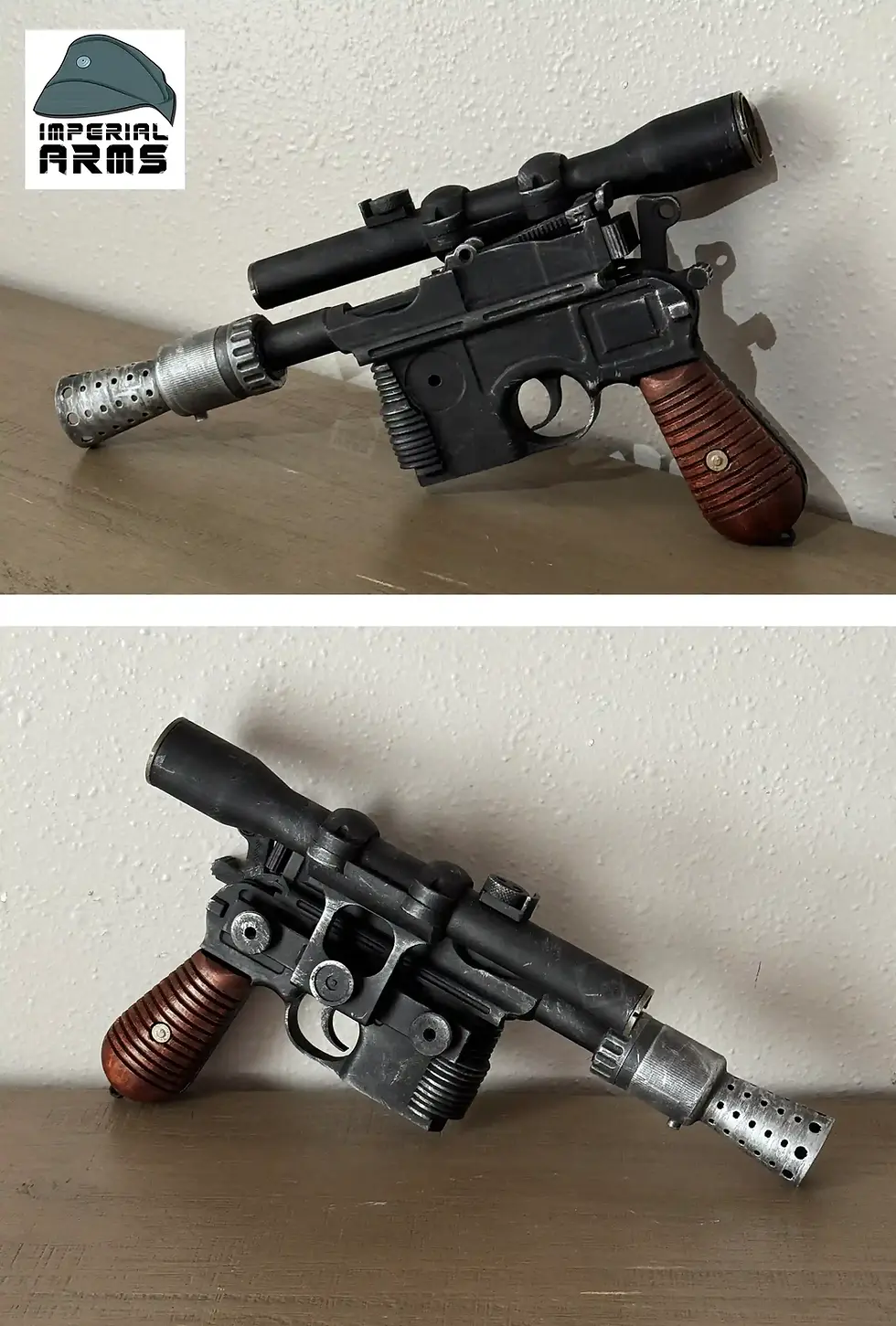 Thumbnail: Hand holding DL-44 carbine pistol replica over a wooden surface, displaying weathered finish and realistic wood-effect grip