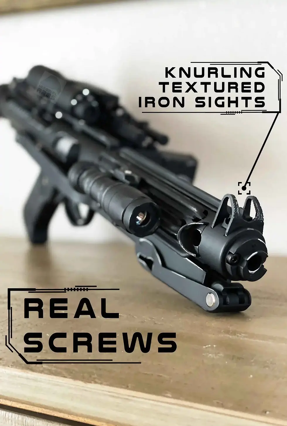 Thumbnail: Rear view highlighting E-11 R1 Rogue One real screws and knurled iron sights