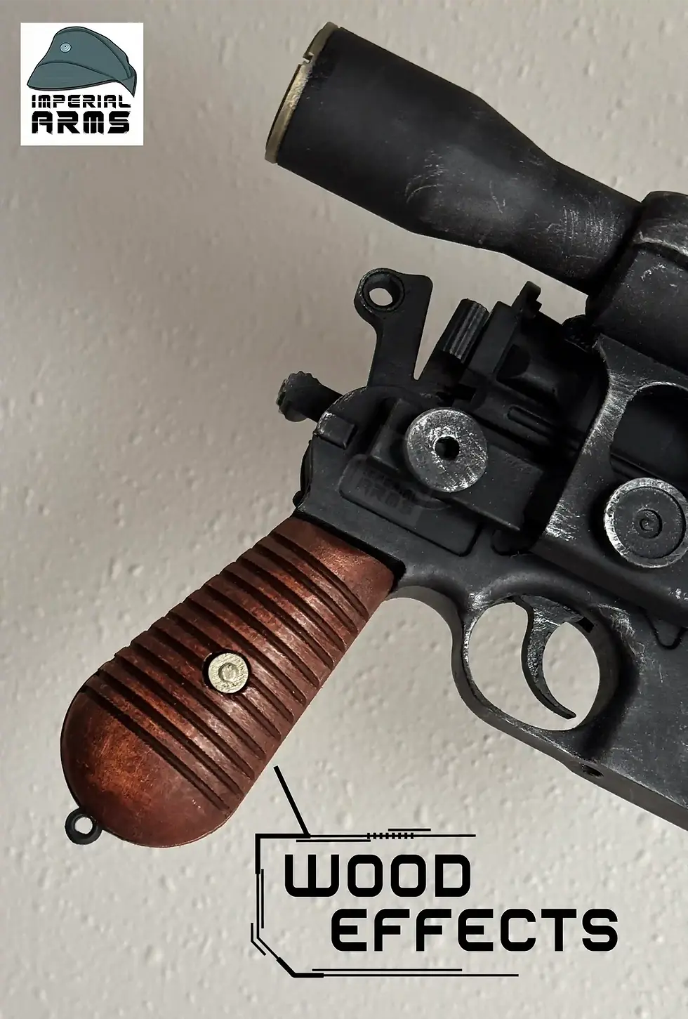 Thumbnail: View of DL-44 carbine pistol replica showcasing wooden grips star wars