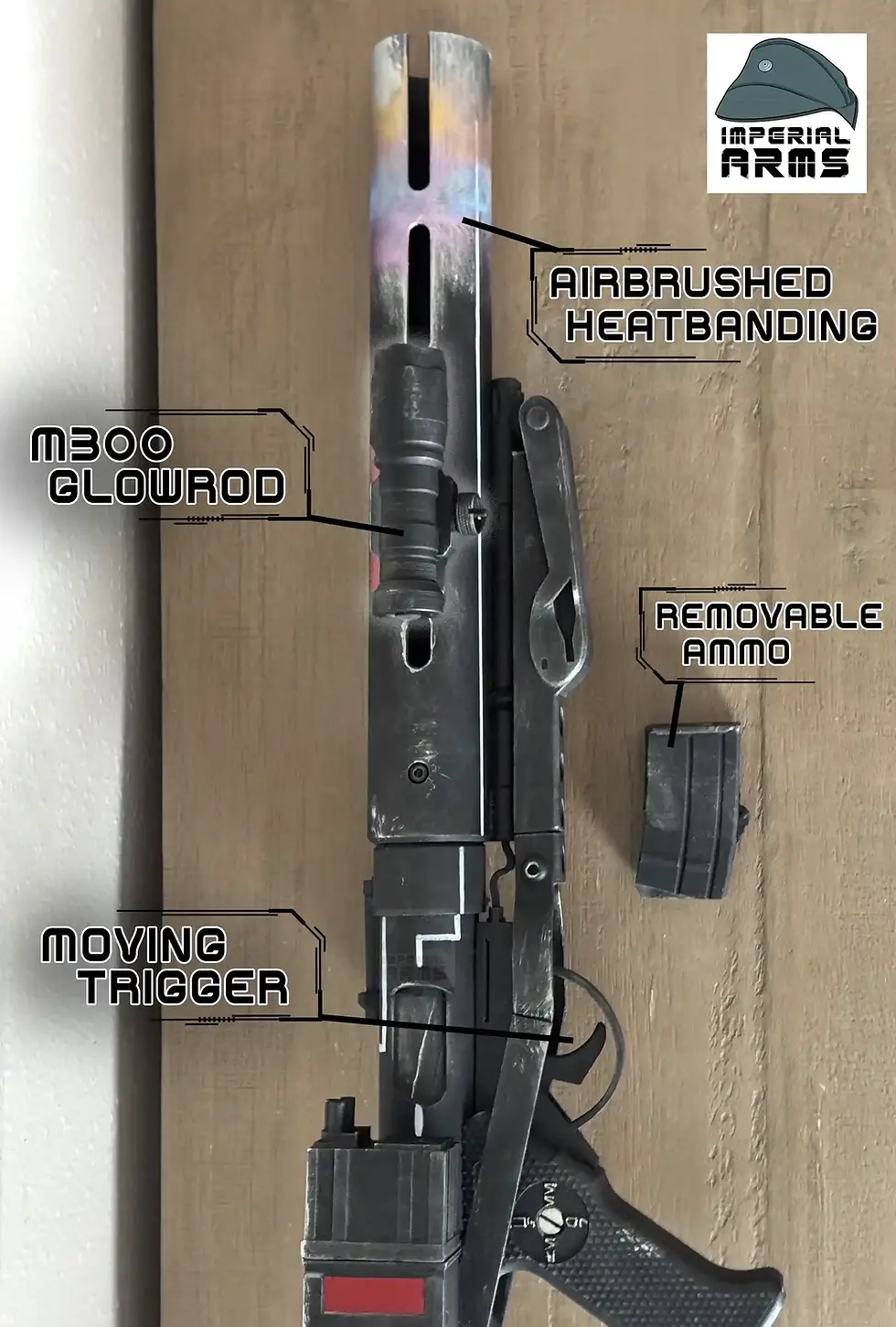 Thumbnail: E-11D Death Trooper blaster replica with heat banding, M300 glow rod, moving trigger and removable magazine