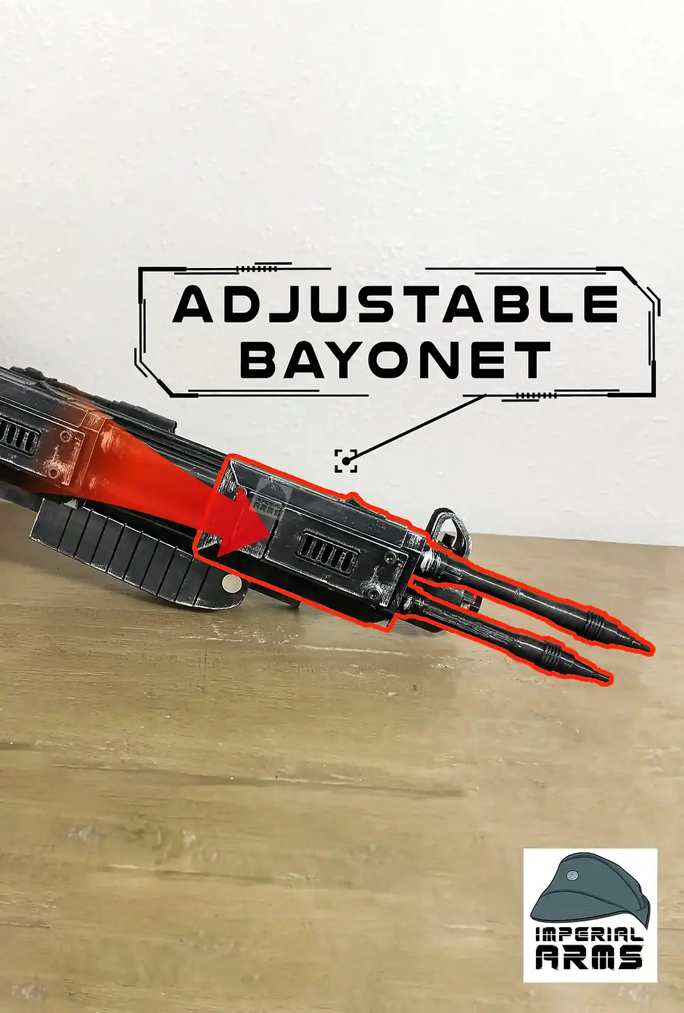 Thumbnail: Side profile showing adjustable magnetic bayonet sliding stock collapsed on E-10 Mud-trooper rifle replica.