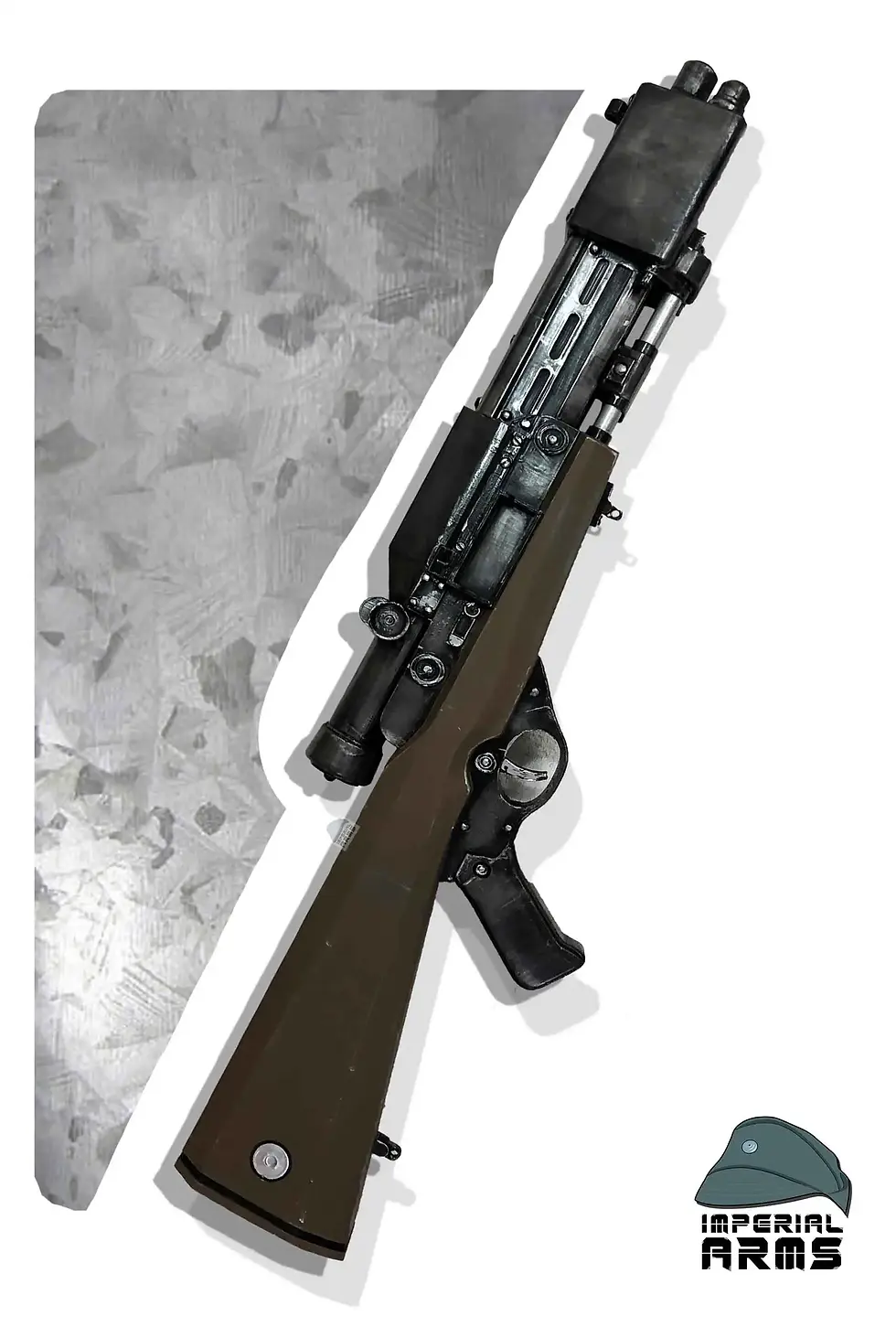Angled shot of the Star Wars TL-50 Imperial Heavy Repeater replica, showcasing its 1:1 scale olive stock and detailed metal