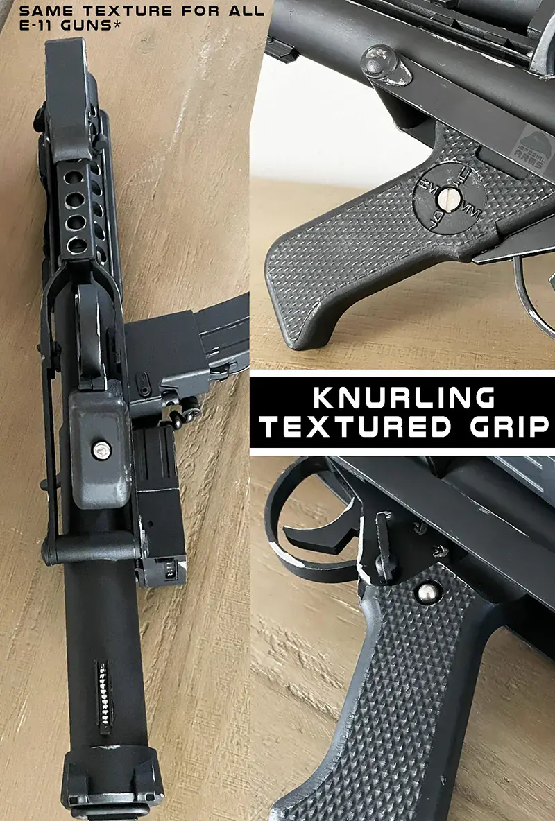 Thumbnail: Knurled textured grip close-up on ROTJ E-11 blaster replica, 1 : 1 scale, 501st-Friendly, Bapty & Co inspired