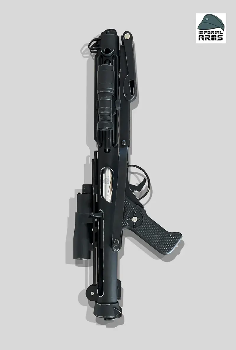 Thumbnail: Front vertical view of R1 E-11 Stormtrooper blaster 1:1 scale replica, Bapty & Co precision, 501st approved.