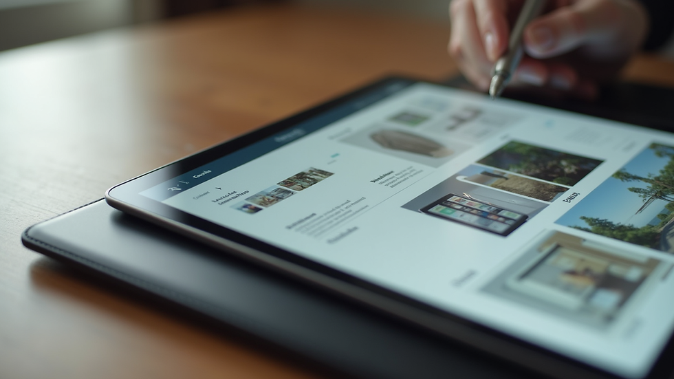 Close-up view of a digital tablet displaying a well-organized design portfolio