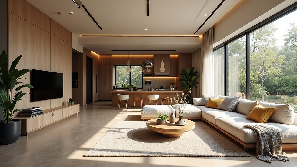 Wide angle view of a modern Bangalore home interior with open-plan living and natural light