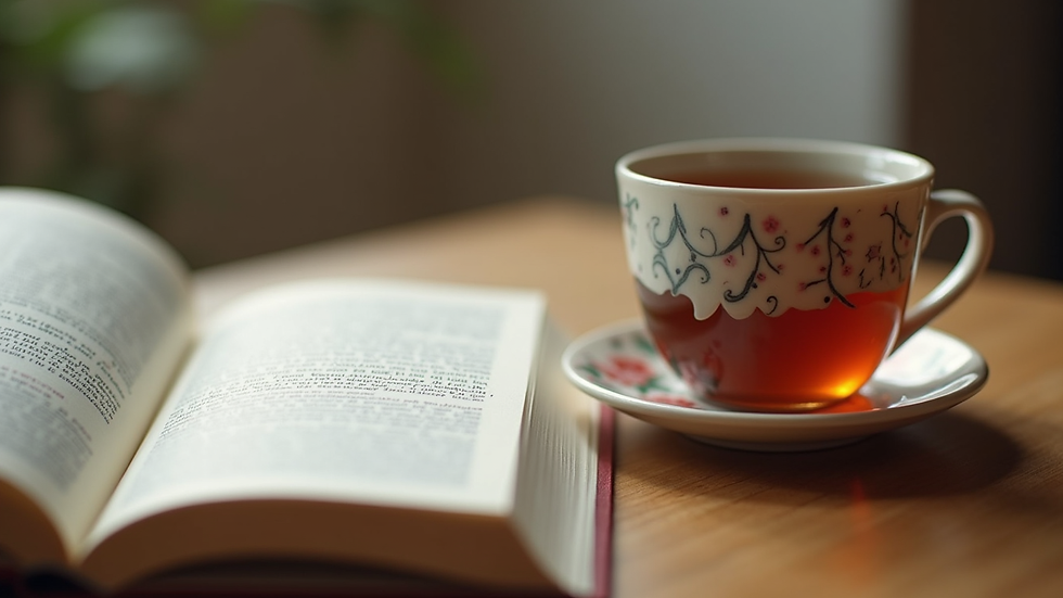 Close-up of a cup of tea and an open book on a cozy table