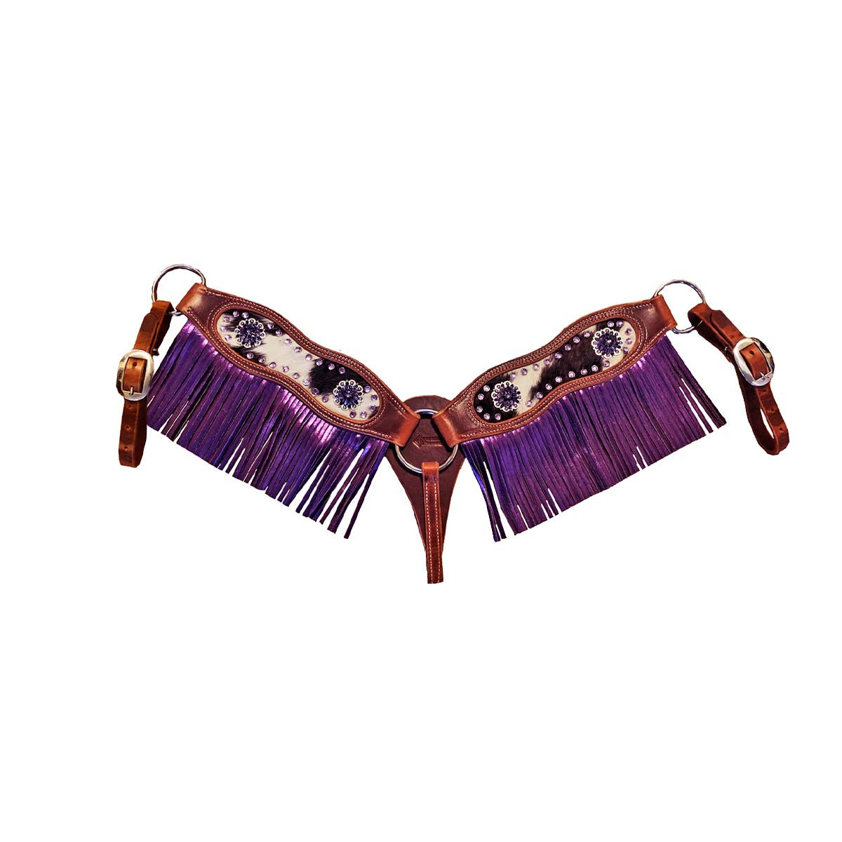 Cow Print Inlaid Breast Collar w/ Purple Fringe & Crystal Conchos