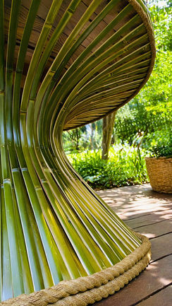 Table ronde de jardin en bois et lamelles de bambou