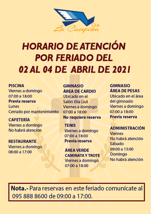 HORARIO DE ATENCIÓN POR FERIADO DEL 02 AL 04 DE ABRIL DE 2021